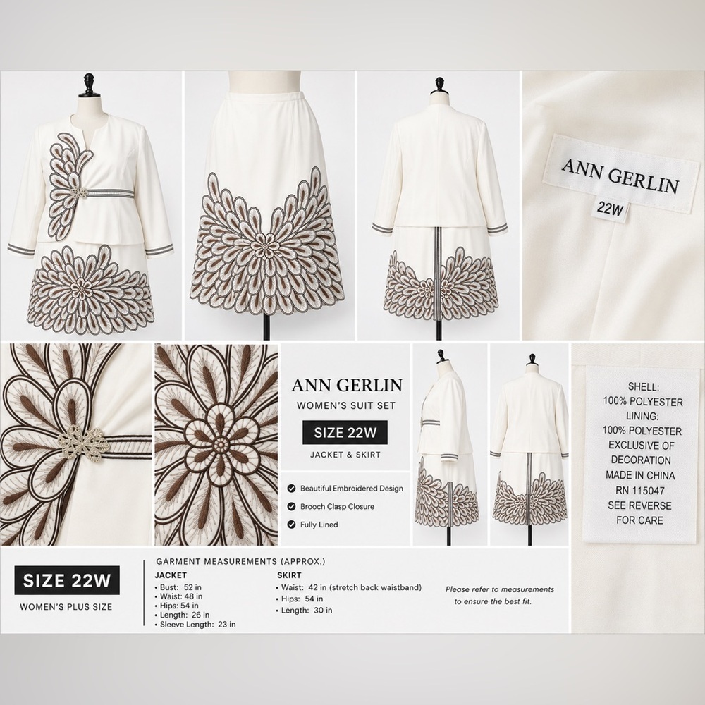 Vintage Ann Gerlin White & Brown Embroidered 2-Piece Skirt Suit Set